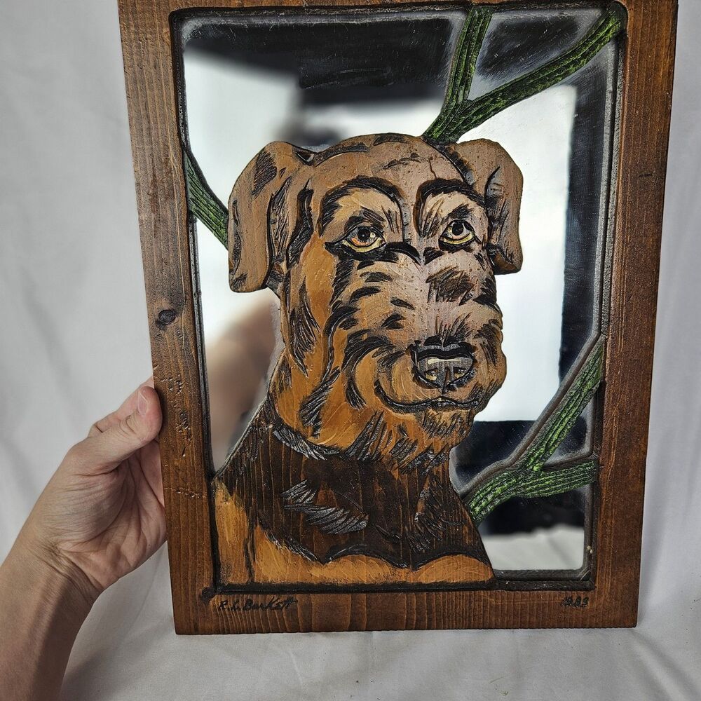 Hand Carved Terrier Wooden/mirror Wall Art